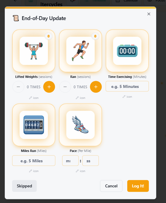 Ophanim end-of-day update dialog with tap-to-log fitness tiles