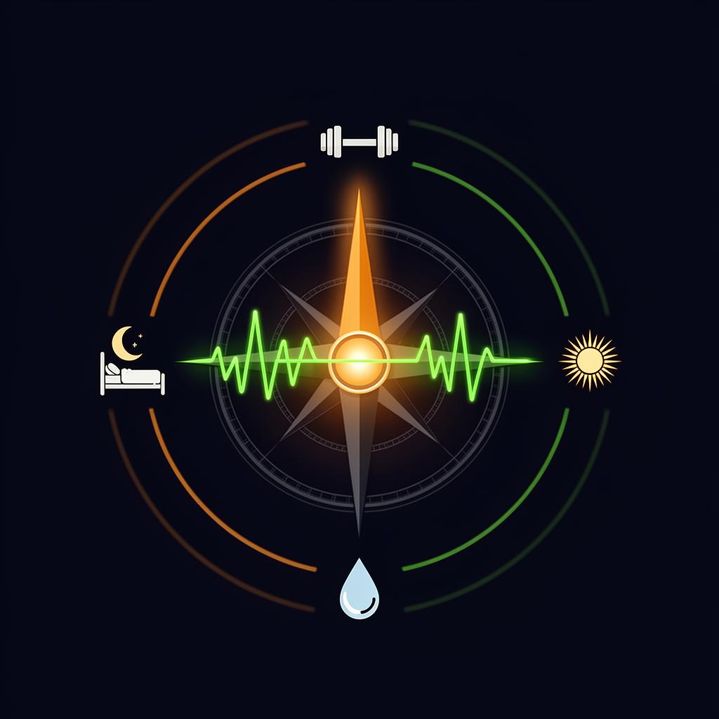Stylized illustration of a compass rose with heartbeat waveform and wellness symbols on a deep midnight background